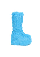 blue faux fur platform boots with chunky 5 inch heel for monster or y2k pop costume