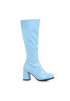 blue patent knee high gogo boots with zipper and 3 inch heel for retro or halloween outfits