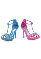 blue rhinestone t strap sandals with 4 inch heel for stage or evening looks