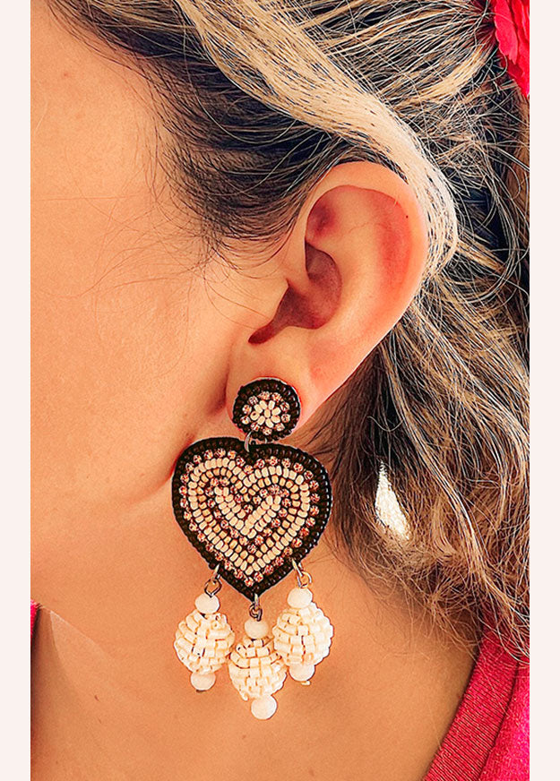 brown seed beaded heart earrings with rhinestones handcrafted boho festival and romantic design
