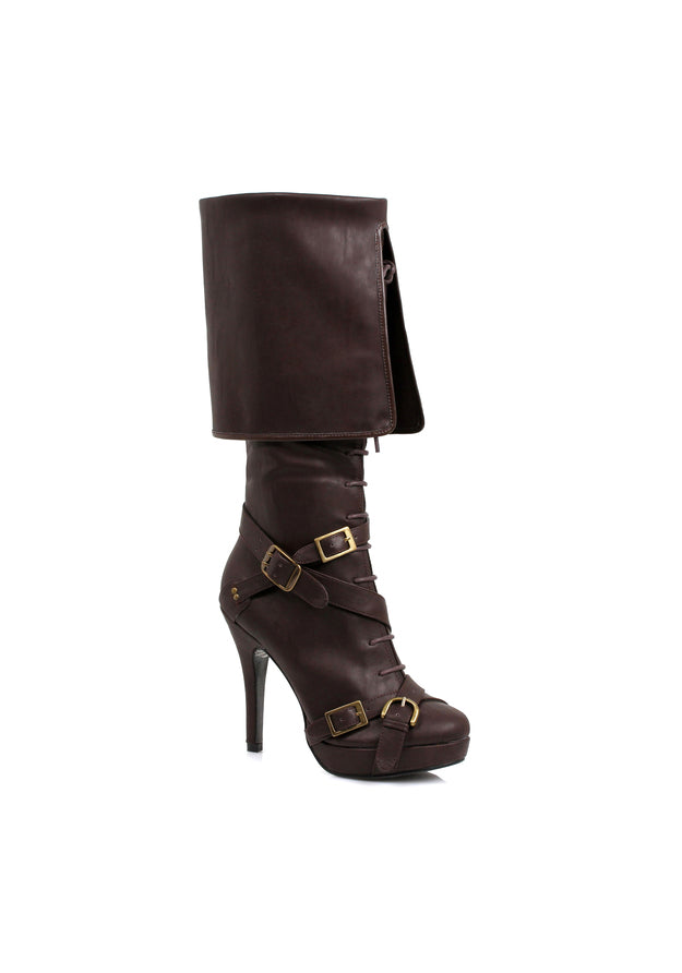adult wench brown knee high boots with vintage buckle straps and folded cuff top