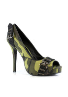 camo open toe pumps with metal buckle and 4 inch heel for rebel or retro glam fashion