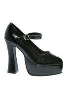 black pat chunky mary jane platform heels with glossy finish for gothic or retro style