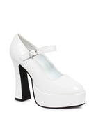 white and black chunky mary jane platform heels with 5 inch heel for mod or retro looks