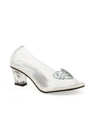 clear glass slippers with silver heart detail and low 2 inch block heel for princess costume
