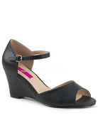 black wedge heels with peep toe and ankle strap in vegan leather for everyday wear or retro chic styling