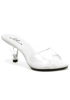 clear mules with 3 inch heel and open design for modern minimal or stage fashion looks