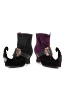 black curved elf heel ankle boots with pointed toe for witch or elphaba costume