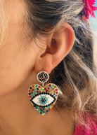 colorful evil eye heart earrings in rhinestones symbolizing love and spiritual protection boho style