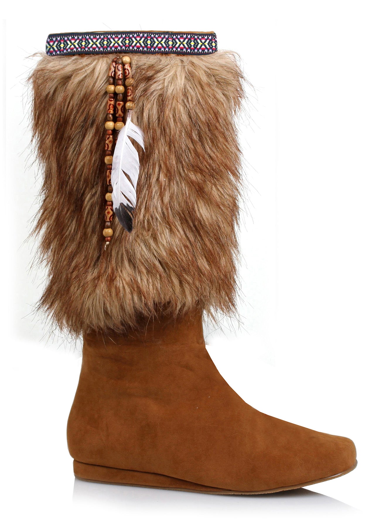 tan knee high suede boots with fur trim and beaded details for costume or theater wear