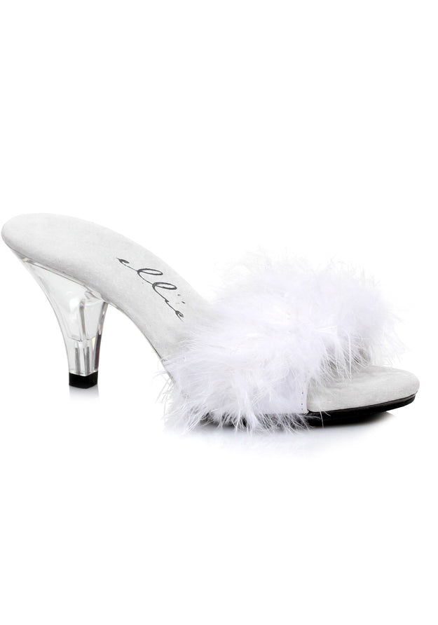 white marabou feather slippers with 3 inch heel for old hollywood boudoir or glam styling