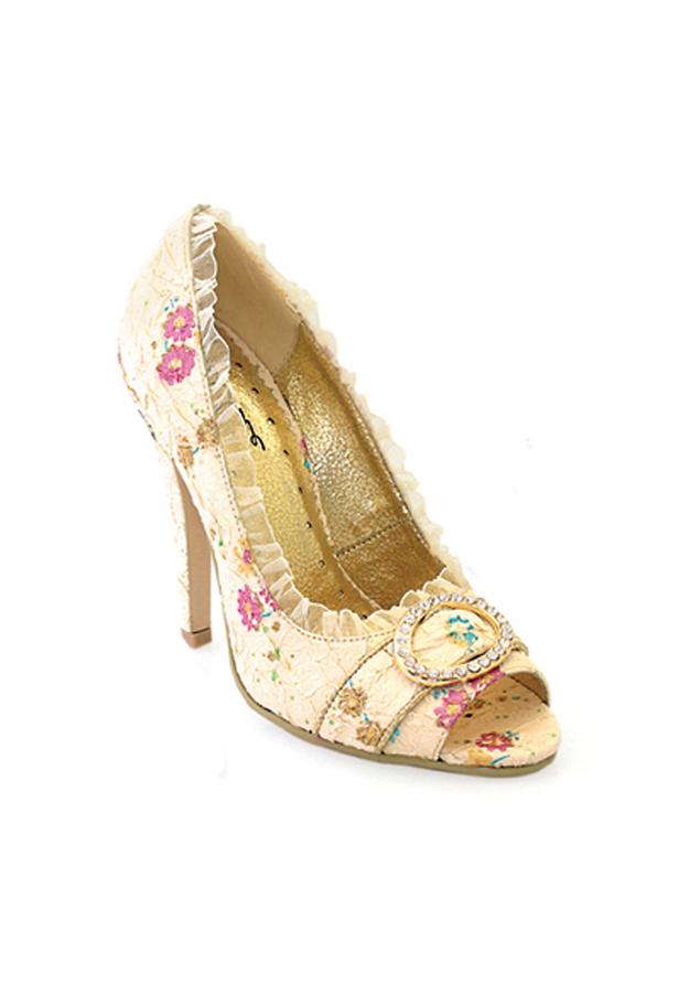 Bridal floral brocade peep toe heels with rhinestones and lace trim for rococo or vintage looks