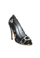 black floral fabric peep-toe heels with rhinestones and 4 inch heel for vintage evening wear