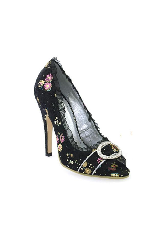 black floral fabric peep-toe heels with rhinestones and 4 inch heel for vintage evening wear