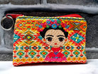 Colorful handwoven coin purse with Frida Kahlo portrait and geometric embroidery, artisan-made in Mexico