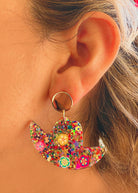 glitter cowgirl hat earrings with floral details western boho festival jewelry in bright shimmering tones