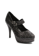 black glitter mary jane heels with double straps and 4 inch heel for burlesque or vintage outfits