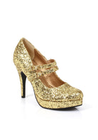 gold glitter mary jane heels with double straps and high heel design