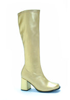 gold metallic go-go disco boots with side zipper and block heel