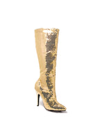 gold sequin knee high boots with 5 inch heel for disco barbie or showgirl costume