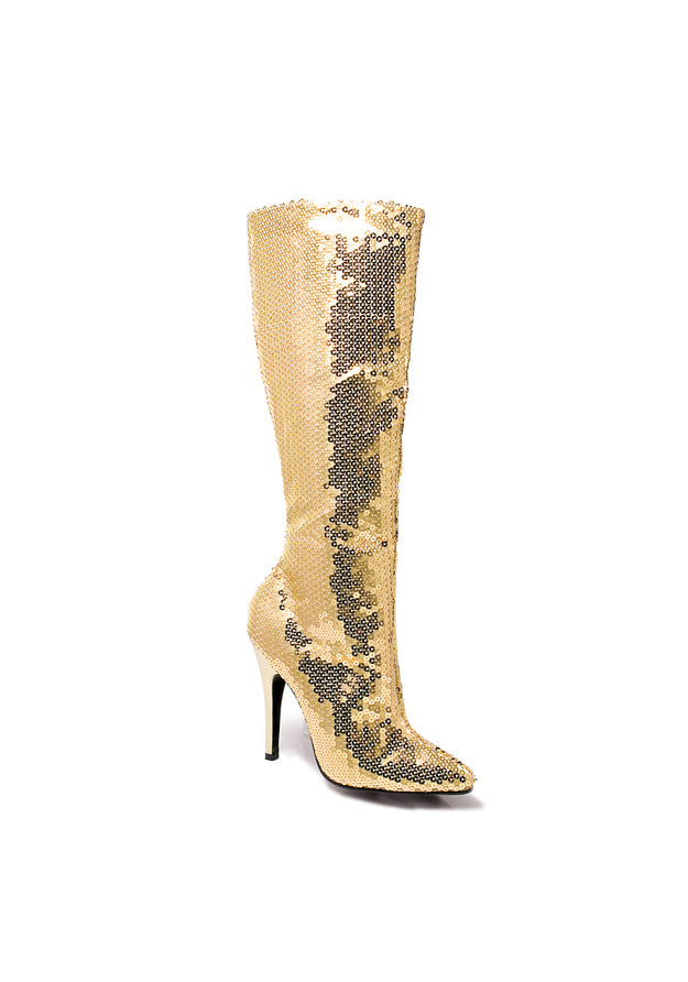 gold sequin knee high boots with 5 inch heel for disco barbie or showgirl costume