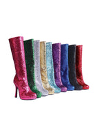 green glitter knee high boots in multiple colors with 4 inch heel for holiday showgirl or festival costume