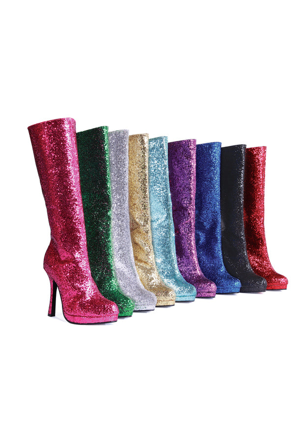green glitter knee high boots in multiple colors with 4 inch heel for holiday showgirl or festival costume