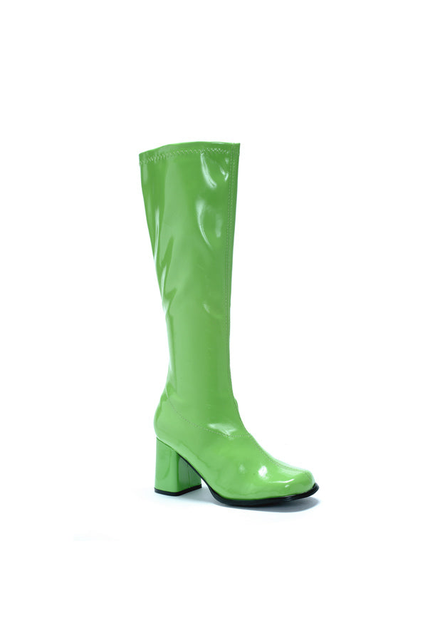 green glossy go go boots with zipper and block heel for poison ivy or elphaba costume