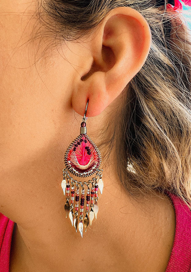 handmade brazil silver earrings with pink beads inspired by indigenous boho artisan craftsmanship