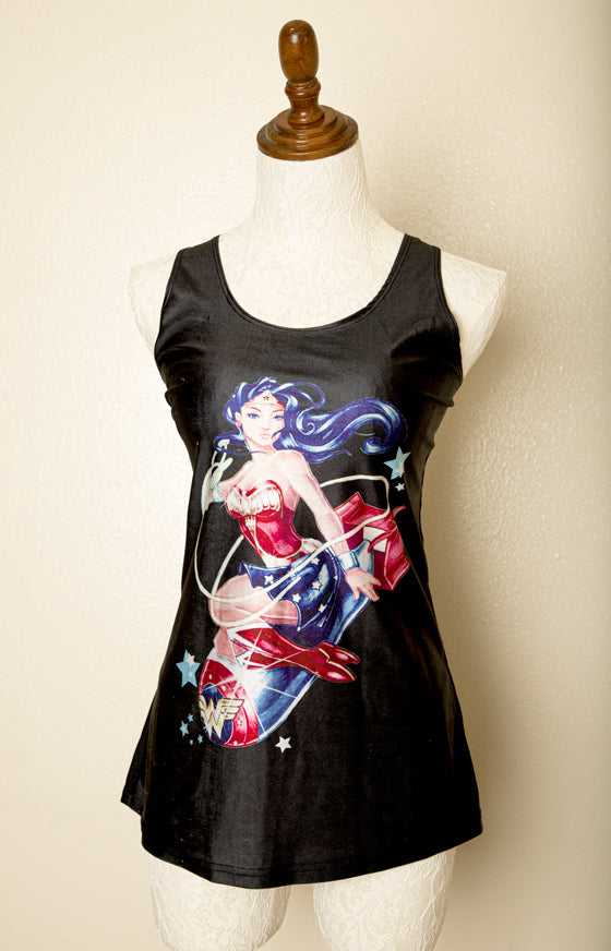 Handmade Wonder Woman rave tank top sleeveless size large with comic art print ideal for cosplay and festival fashion