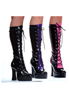 black knee high lace up boots with color tongue and 5 inch platform heel for stage or cosplay
