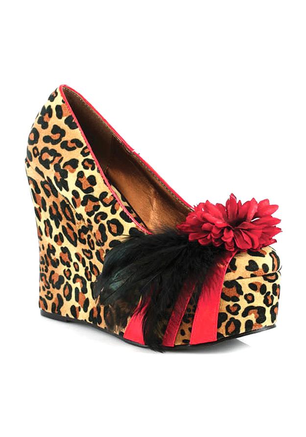 leopard print wedge heels with black feather and red flower for burlesque or halloween costume