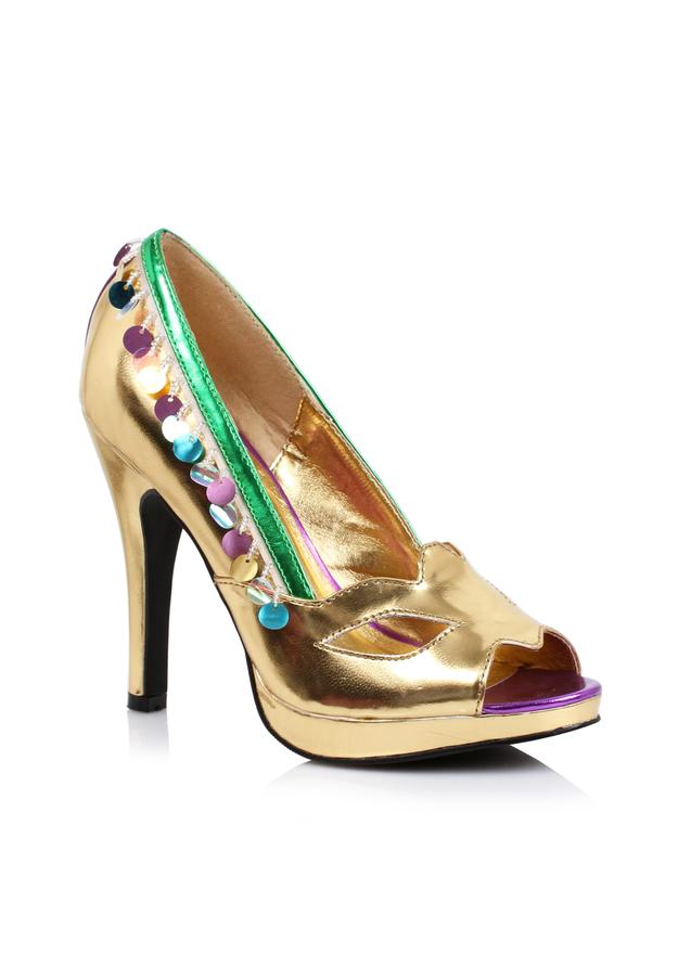 gold peep-toe pumps with colorful jewel trim and 4 inch heel for stage or art deco fashion looks