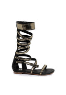 medusa black and gold metallic gladiator flat sandals with multiple straps
