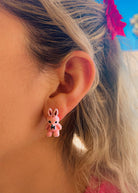 cute pink bunny stud earrings with metallic finish adorable easter themed jewelry