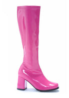 shiny pink gogo boots with 3 inch heel and inner zipper for mod retro party or costume looks