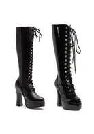 knee boots with 5 inch heel and platform in black faux leather