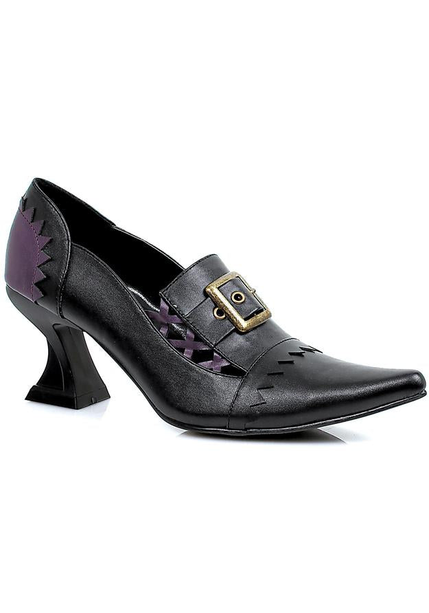 black witch heels with purple trim and buckle for victorian or halloween costume