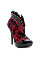 red and black lace closed toe pumps with platform and 5 inch heel for gothic or burlesque fashion