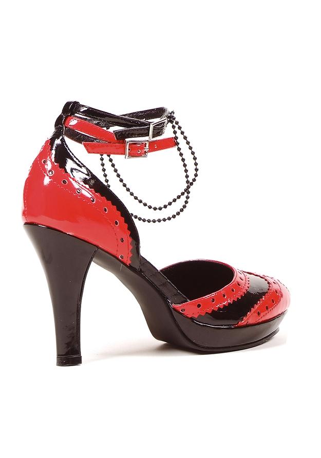 red and black patent pointy toe Vampire pumps with 4 inch heel and ankle strap detail