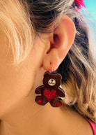 red glitter teddy bear earrings holding hearts cute cosplay kawaii style resin jewelry