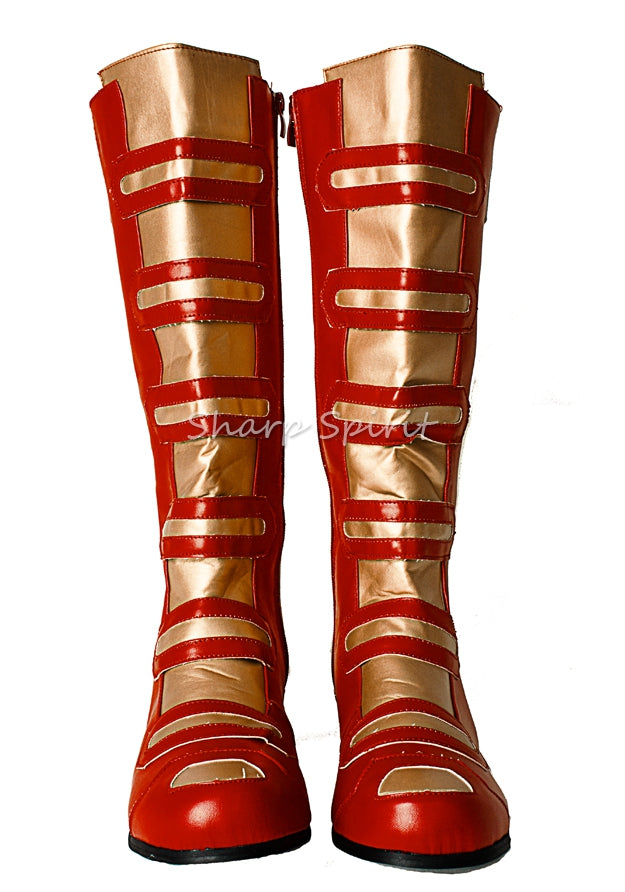 Red and gold superhero cosplay boots metallic robot warrior costume style men’s comic-inspired footwear