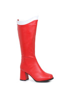 Red patent knee high boots with zipper retro 1960s go go women’s vintage fashion footwear
