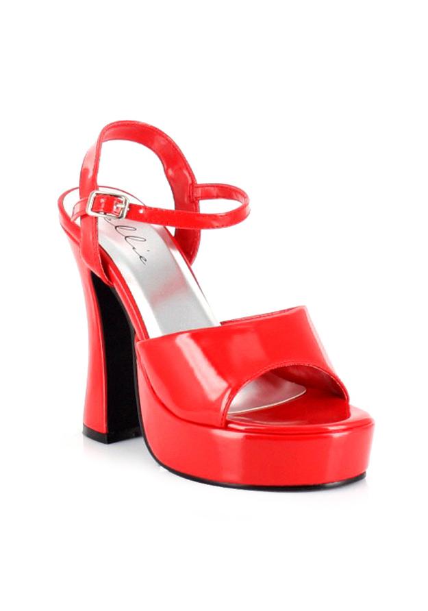 red patent platform sandals with ankle strap and chunky heel for devil or halloween costume
