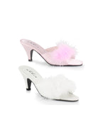 satin slippers with red marabou feathers and 2.5 inch heel for boudoir or glam looks