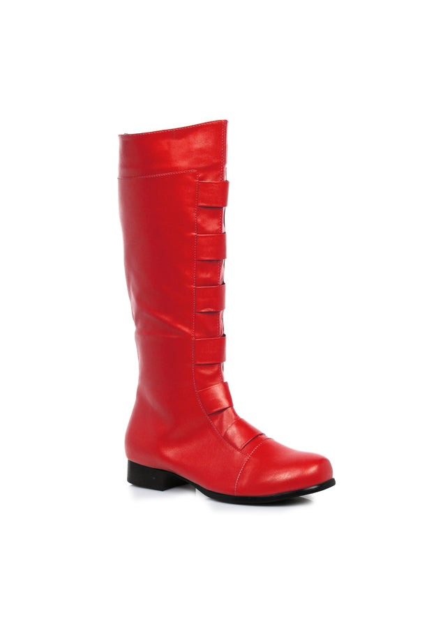 Red strapped knee-high cosplay boots with 1 inch heel men’s superhero style for costume events
