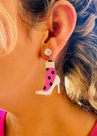 pink retro high heel acrylic earrings inspired by barbie-core pop art and playful y2k nostalgia