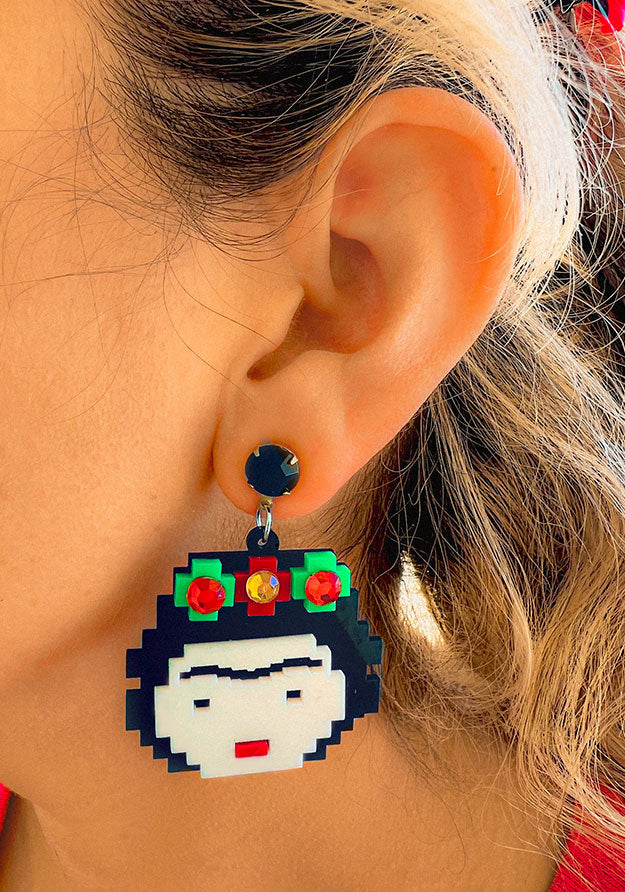 retro 8-bit acrylic earrings depicting frida kahlo boho art inspired handmade statement accessory