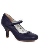 navy sailor mary jane heels with 3 inch heel and polka dot lining for retro vintage inspired looks