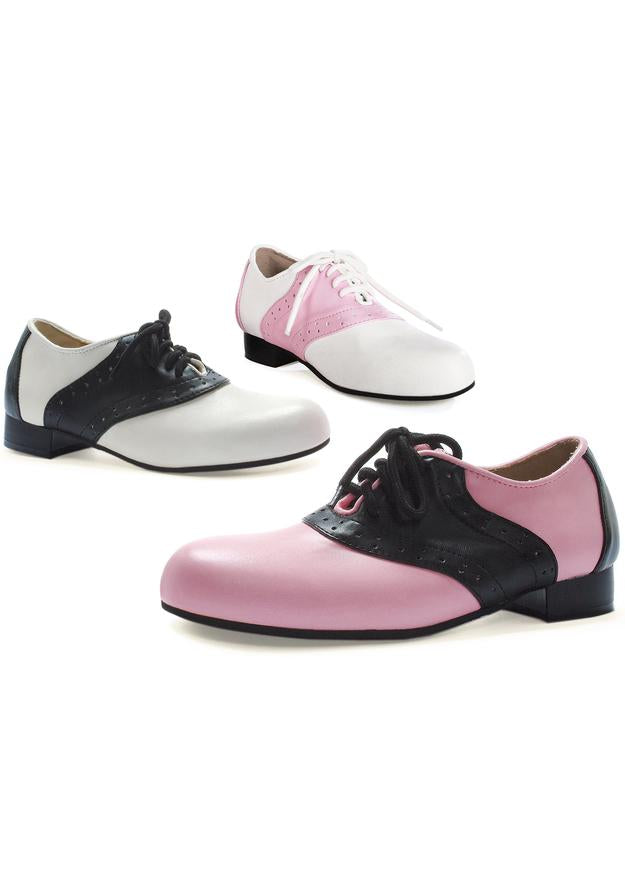 black and pink saddle shoes with 1 inch heel for retro pinup or swing dance looks